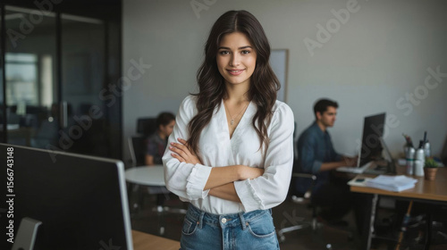 Portrait of smiling woman standing in modern office, confident young woman with long, dark, wavy hair is smiling at the camera with her arms crossed. She is wearing a white ruffle blouse