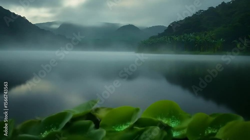 Misty lake with glowing water lilies at dawn. Lush green foliage surrounds a still body of water, veiled in morning mist.  Glowing green flowers rest on the water's edge