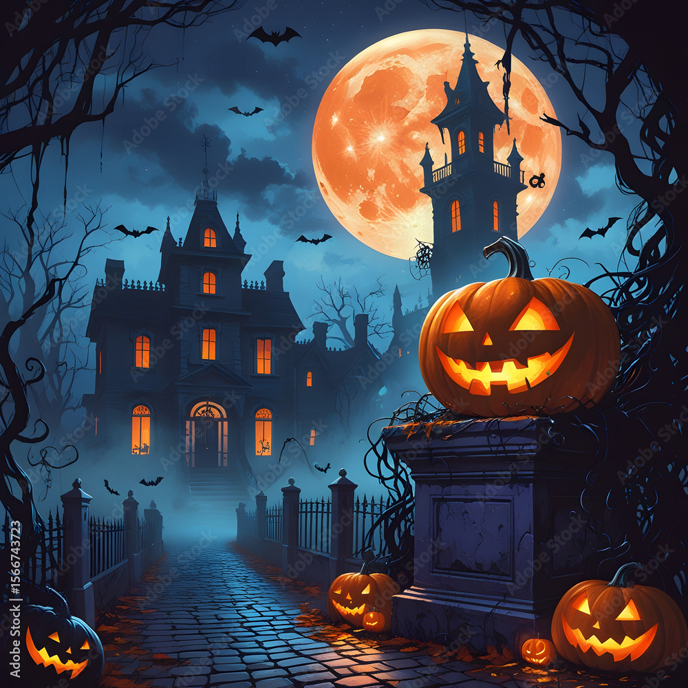 Fototapeta premium Spooky Halloween Night with Glowing Pumpkins and Haunted Mansion