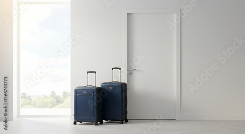 Two elegant suitcases stand poised against a plain backdrop, exuding an air of travel and adventure, beside a door with sunlight softly illuminating the space.