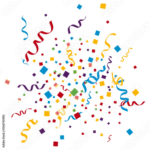 Colorful confetti and party streamers celebrate a happy occasion with heart shapes and fun designs