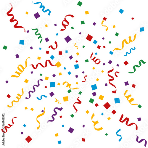 Colorful confetti and party streamers celebrate a happy occasion with heart shapes and fun designs