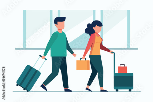Couple walking through airport terminal with luggage, flat design, travel concept.