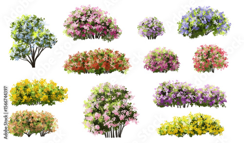  Vector watercolor blooming flower tree or forest side view isolated on white background for landscape and architecture drawing,elements for environment or and garden,green tree for garden section 