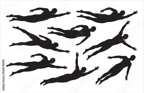 Collection of diverse swimmers in various freestyle strokes silhouette