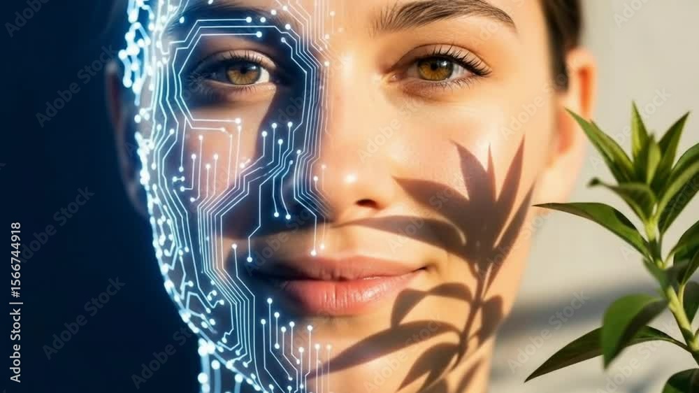 Human Face Split with AI Circuit and Nature Shadow – Balance Between Tech and Humanity