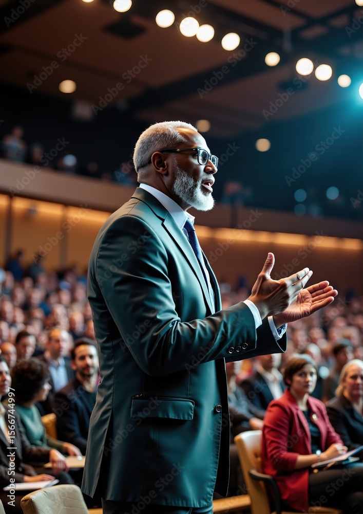 Obraz premium Mature african male speaker on stage engaging audience at business conference