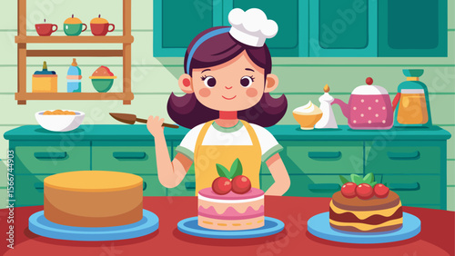 Smiling young baker in a chef hat preparing cakes in a cozy kitchen filled with utensils, desserts and colorful decor