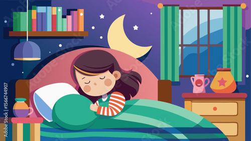 Little girl sleeping peacefully in bed under a night sky with stars and moon, in a cozy bedroom with books and soft lighting