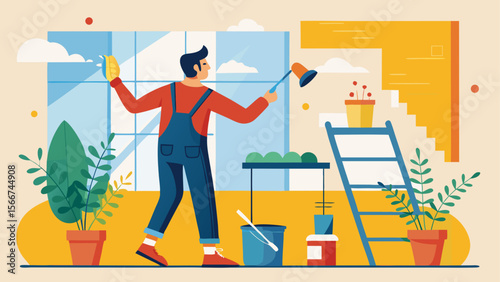 Man painting a wall with a roller in a bright room with large windows, houseplants, and renovation tools