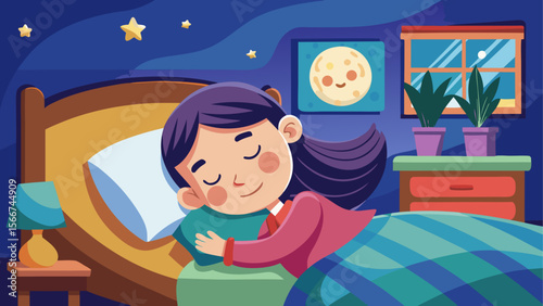 Little girl sleeping calmly in a cozy bedroom at night with stars, moonlight, and warm lighting