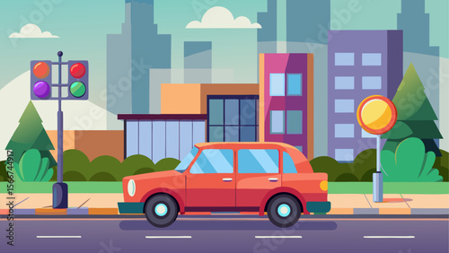 Red car parked on a city street with tall buildings, traffic lights, trees, and a clear sky in the background