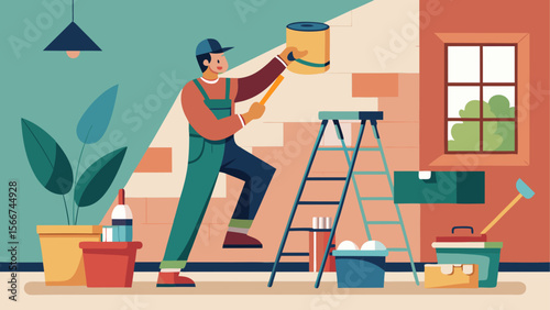 Man painting a wall with a roller during home renovation, surrounded by tools, ladder, paint cans and indoor plants in a cozy interior