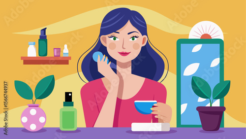 Smiling woman with dark hair enjoying a morning skincare routine with beauty products, mirror, and indoor plants in a bright room