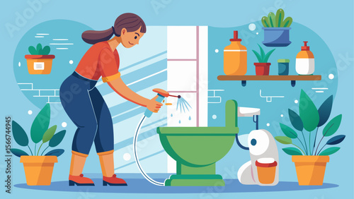 Woman cleaning a toilet with a sprayer in a bright and tidy bathroom surrounded by houseplants and cleaning supplies