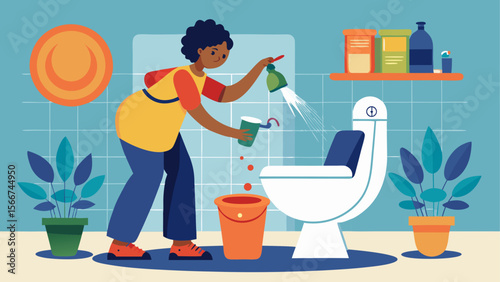 Woman cleaning a toilet with water and detergent in a neat bathroom filled with potted plants and cleaning supplies