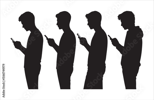 Four young men in silhouette looking down at their mobile phones