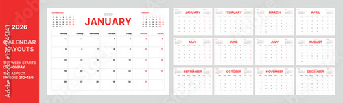 2026 calendar layout grid template with Monday week start, minimal clean design, mini previous next months, landscape format, red black typography, monthly view, aspect ratio 210x150, planner ready