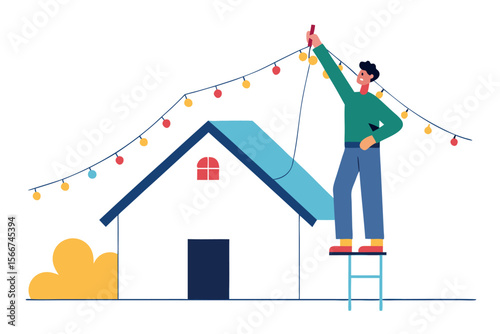 Man Hanging Festive String Lights on House Roof, Flat Style Illustration