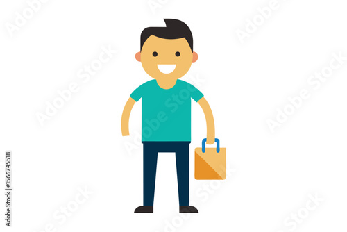 Happy young man carrying shopping bag; flat design, cheerful mood, vector illustration.