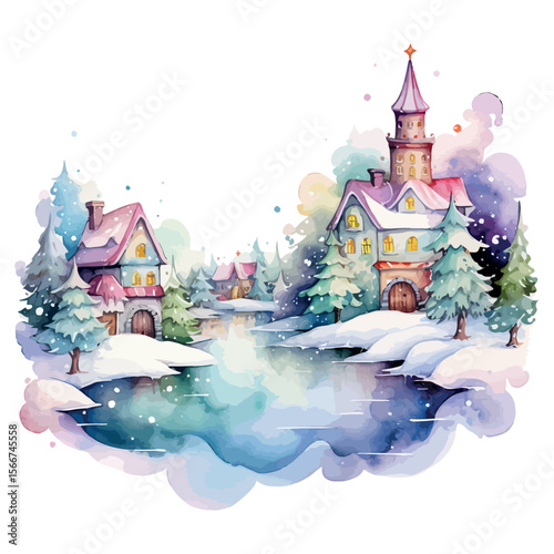A captivating fantasy castle, nestled in a snowy forest, is an enchanting illustration of a magical fairy tale palace