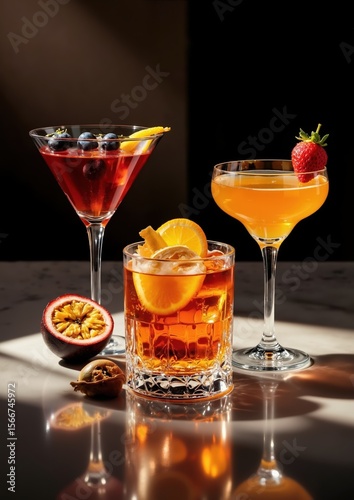 Wallpaper Mural Variety of fresh fruit cocktails with orange, berry, and passion fruit garnishes on marble surface Torontodigital.ca