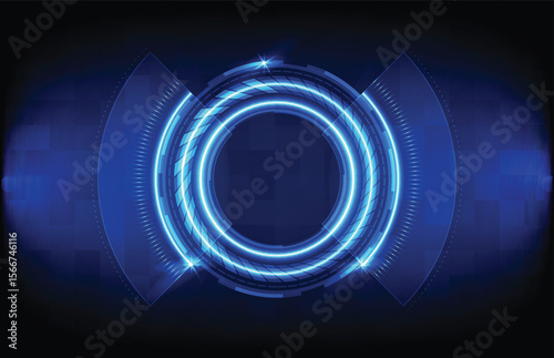 A blue tech graphic with luminous concentric circles partial wheel outlines and a dark pixelated gradient background