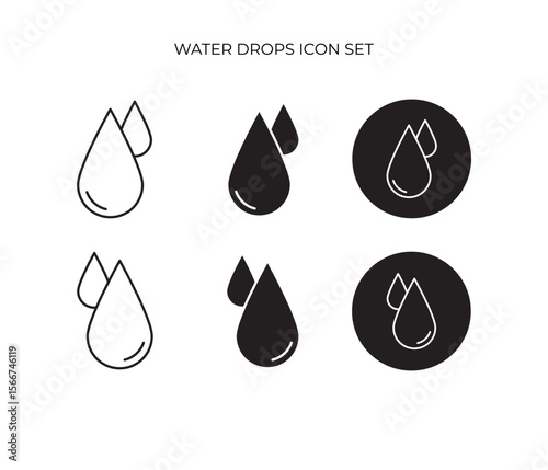 Minimalist icons depicting two water droplets in outline, filled, and inversed styles.