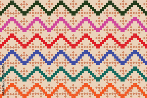 seamless knitted pattern , colorful pixel-style geometric pattern arranged in horizontal zigzag rows. Each row is made up of stepped lines in vibrant colors 