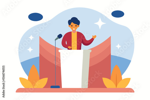 Young Man Giving a Speech at Podium, Modern Flat Design, Motivational and Upbeat