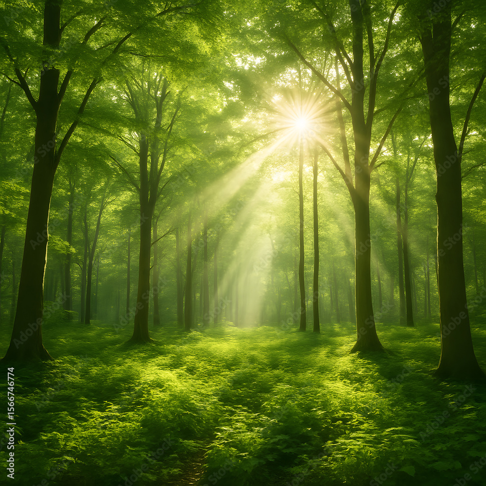 Fototapeta premium Sunbeams streaming through a lush green forest with vibrant light rays