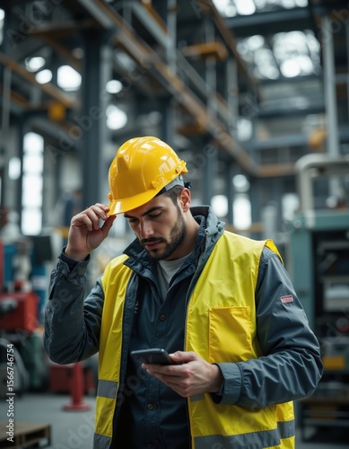 Young caucasian male construction worker using smartphone in industrial site