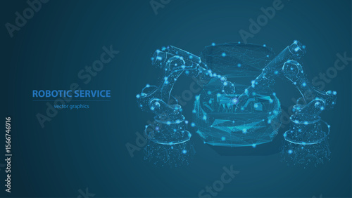 A digital car is serviced by two robotic arms on a blue background illustrated with a lowpoly design and bright connections