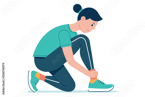Young woman tying running shoe, sporty teal outfit, active lifestyle illustration, positive mood, fitness concept.