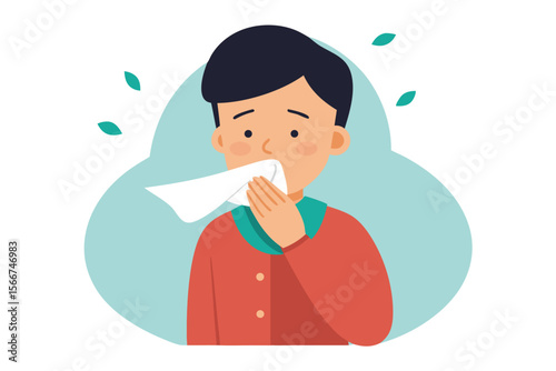 Young Man Coughing, Flat Design, Sick, Illness, Tissue, Vector Illustration