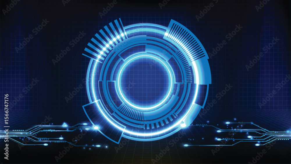 © Neko funny - A glowing blue tech interface featuring a circular HUD overlay digital grid  illuminated circuits