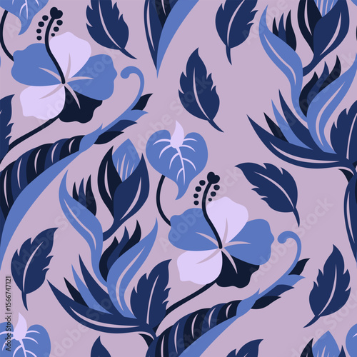 florals Heliconia and hibiscus Indigo fabric pattern vector flat design