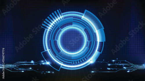 A glowing blue tech interface featuring a circular HUD overlay digital grid  illuminated circuits