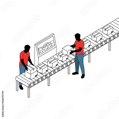 Workers are placing boxes on a conveyor belt isolated on white background