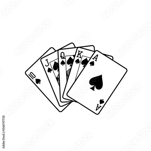 A royal flush in spades is isolated on white background