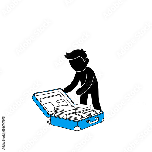 A stick figure is packing a blue suitcase isolated on white background