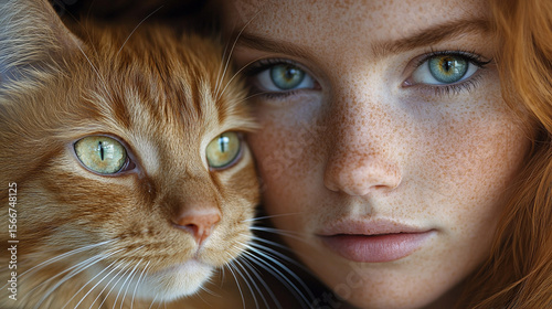 Girl and ginger cat with matching eyes indoors, close-up portrait