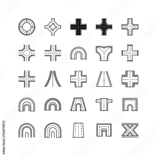 Various road and street intersection icons isolated on white background