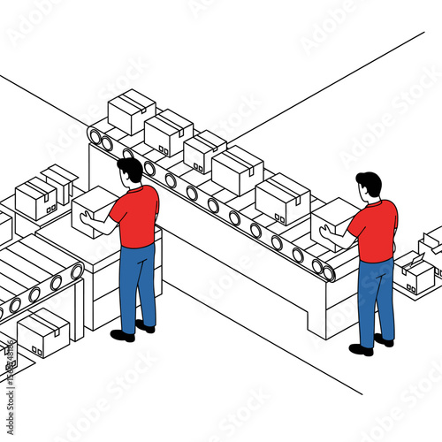 Workers handling boxes on a conveyor belt in a factory isolated on white background