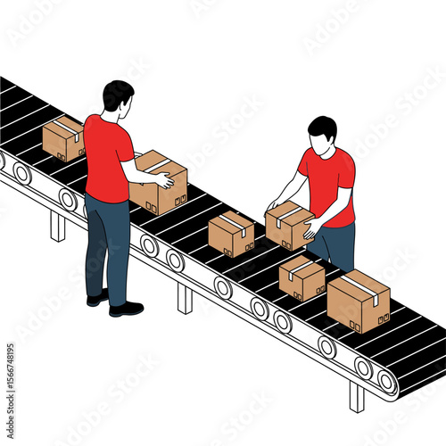 Workers handling boxes on a conveyor belt in a factory isolated on white background