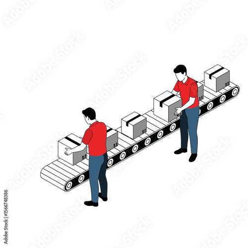 Workers are moving boxes on a conveyor belt isolated on white background