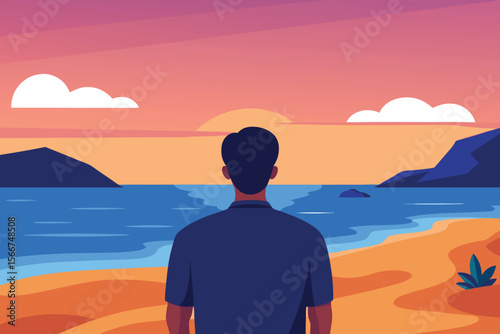 Man Contemplating Serene Sunset Ocean Beach Scene: Minimalist Vector Illustration