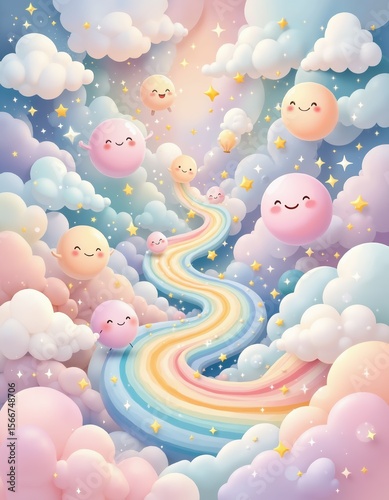 Whimsical fantasy landscape with smiling clouds, rainbow path, and starry sky