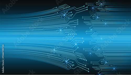 Blue computer circuit board with connections and glowing points of light on a dark background