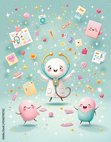 Cute cartoon doctor and pills with medical objects in a whimsical universe